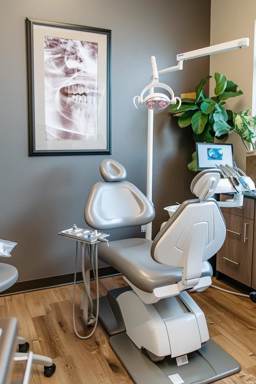 Dental examination chair in modern dental office, framed dental X-ray on wall, plant in corner, showcasing a clean and inviting environment for patient care.
