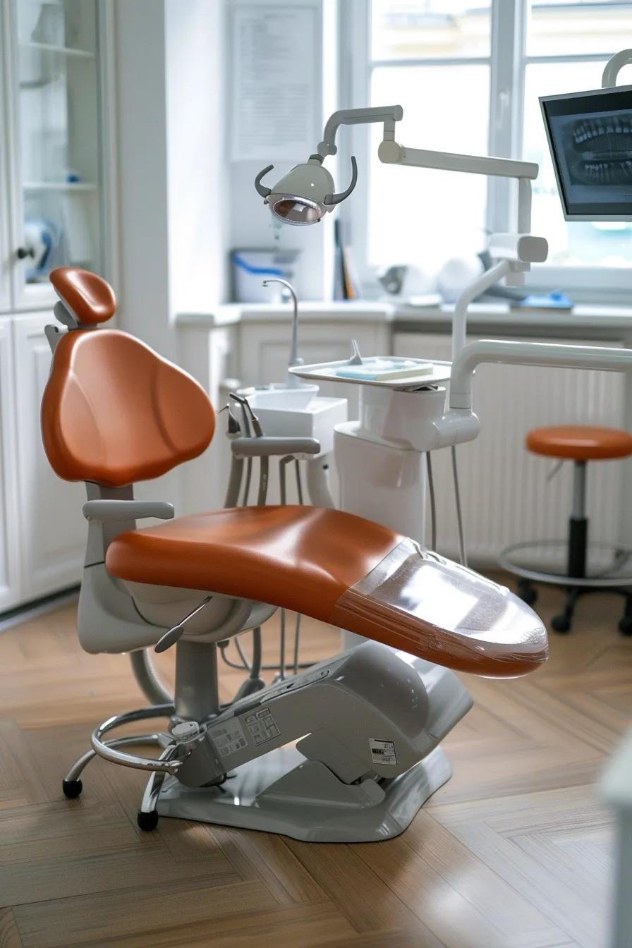 Dental chair with orange upholstery in a modern dental office, featuring dental tools and equipment for patient care, highlighting local SEO strategies for dental practices.