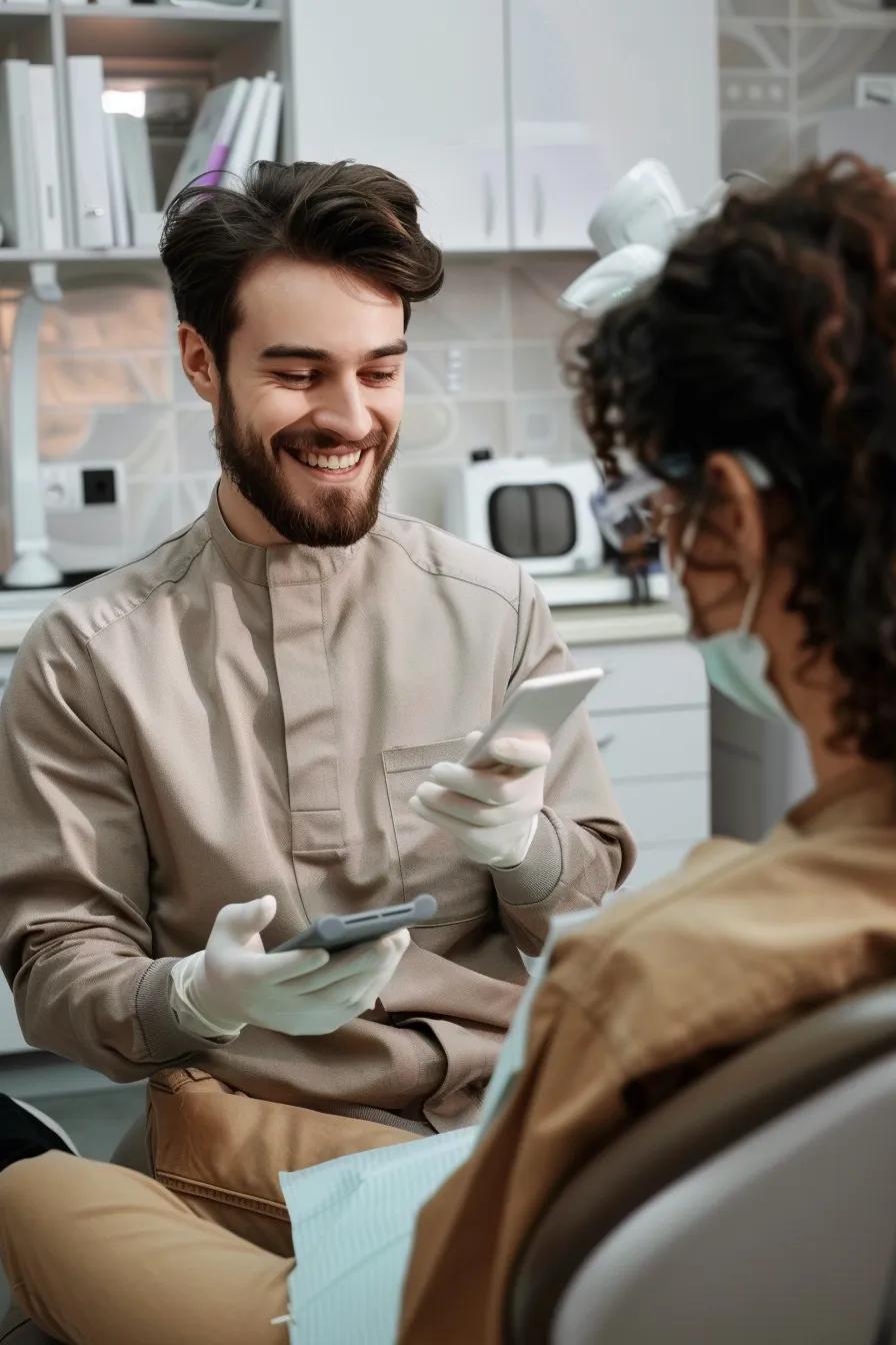 Dentist smiling and engaging with a patient, holding smartphones in a modern dental clinic setting, illustrating patient communication and engagement strategies for Google Business Profile optimization.
