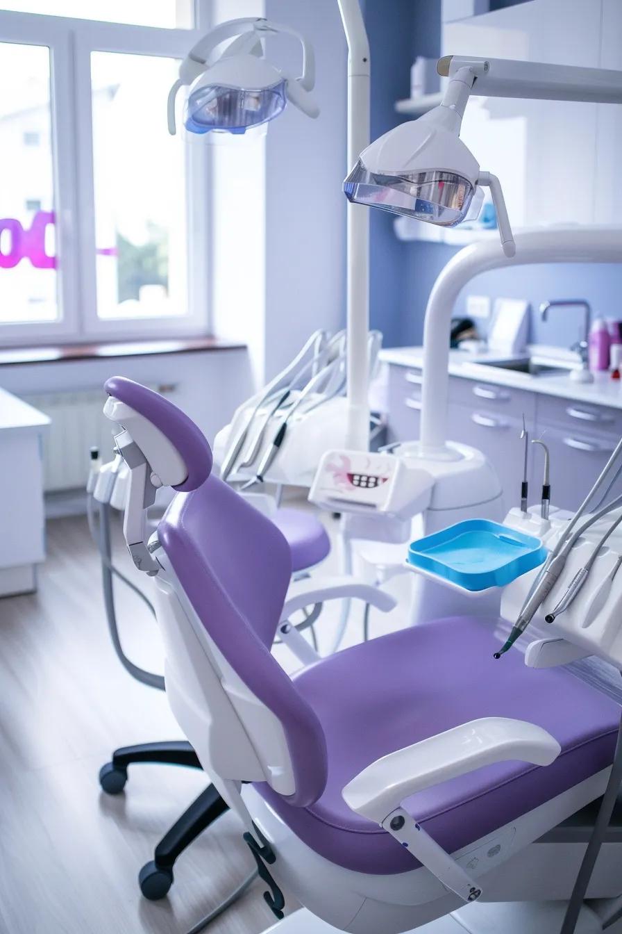 Dental clinic interior featuring a purple dental chair, overhead lights, and dental instruments, illustrating a modern dental practice environment for effective marketing strategies.