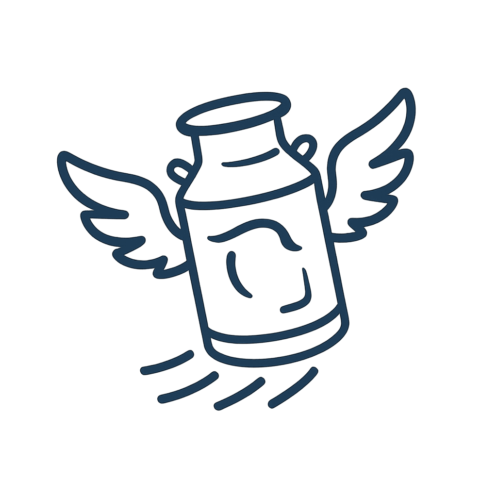 Milkcan Marketing logo featuring a milk jug with wings, symbolizing growth and support for local healthcare practices.