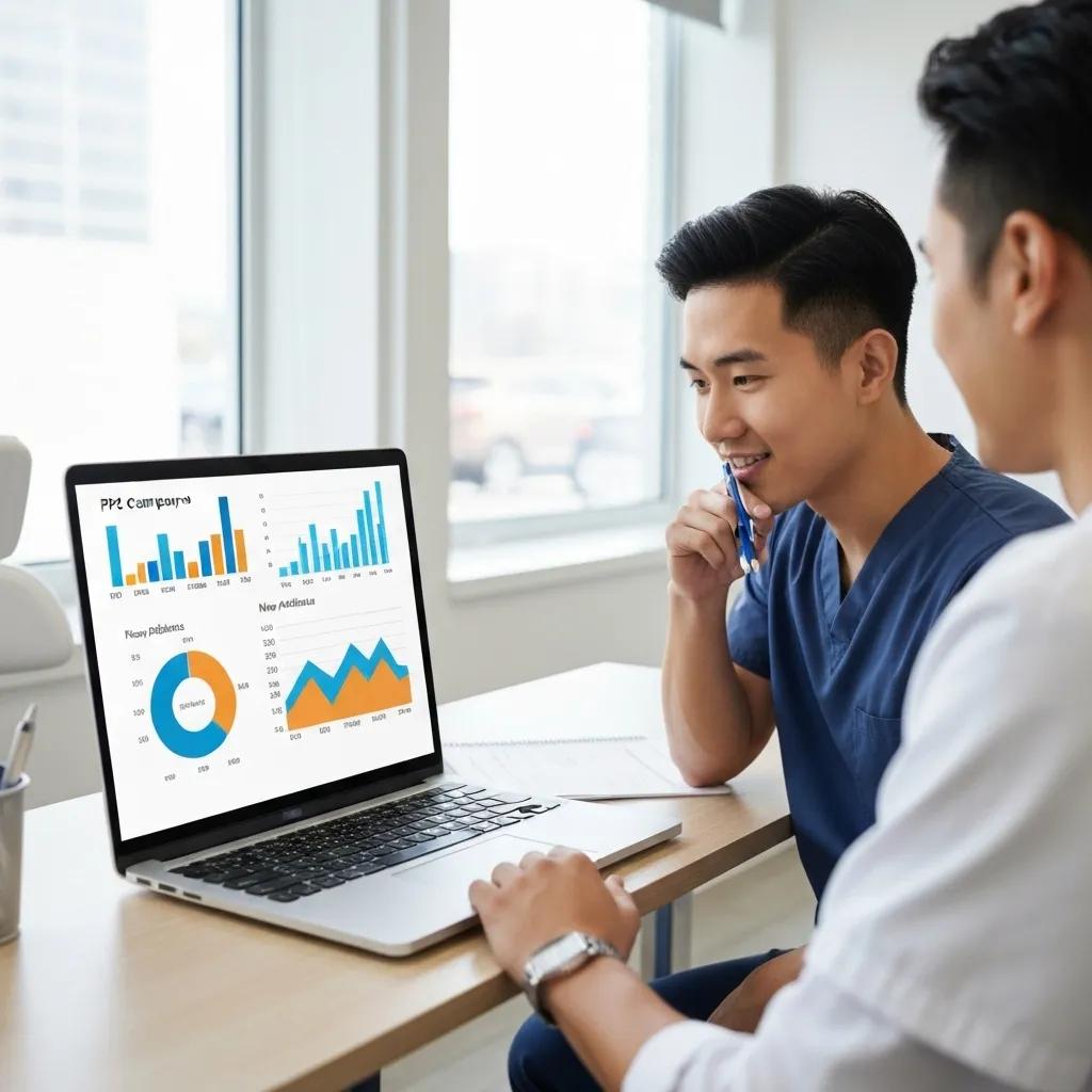 Dentists reviewing PPC campaign results on a laptop, showcasing graphs and statistics related to patient acquisition and marketing effectiveness.