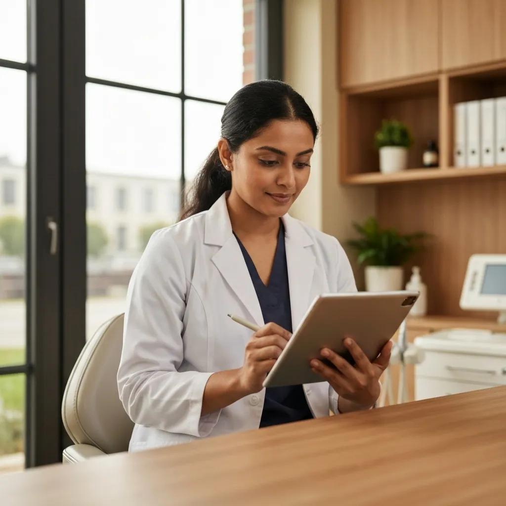 Dentist in white coat managing online reviews on a tablet, highlighting reputation management in dental practices.