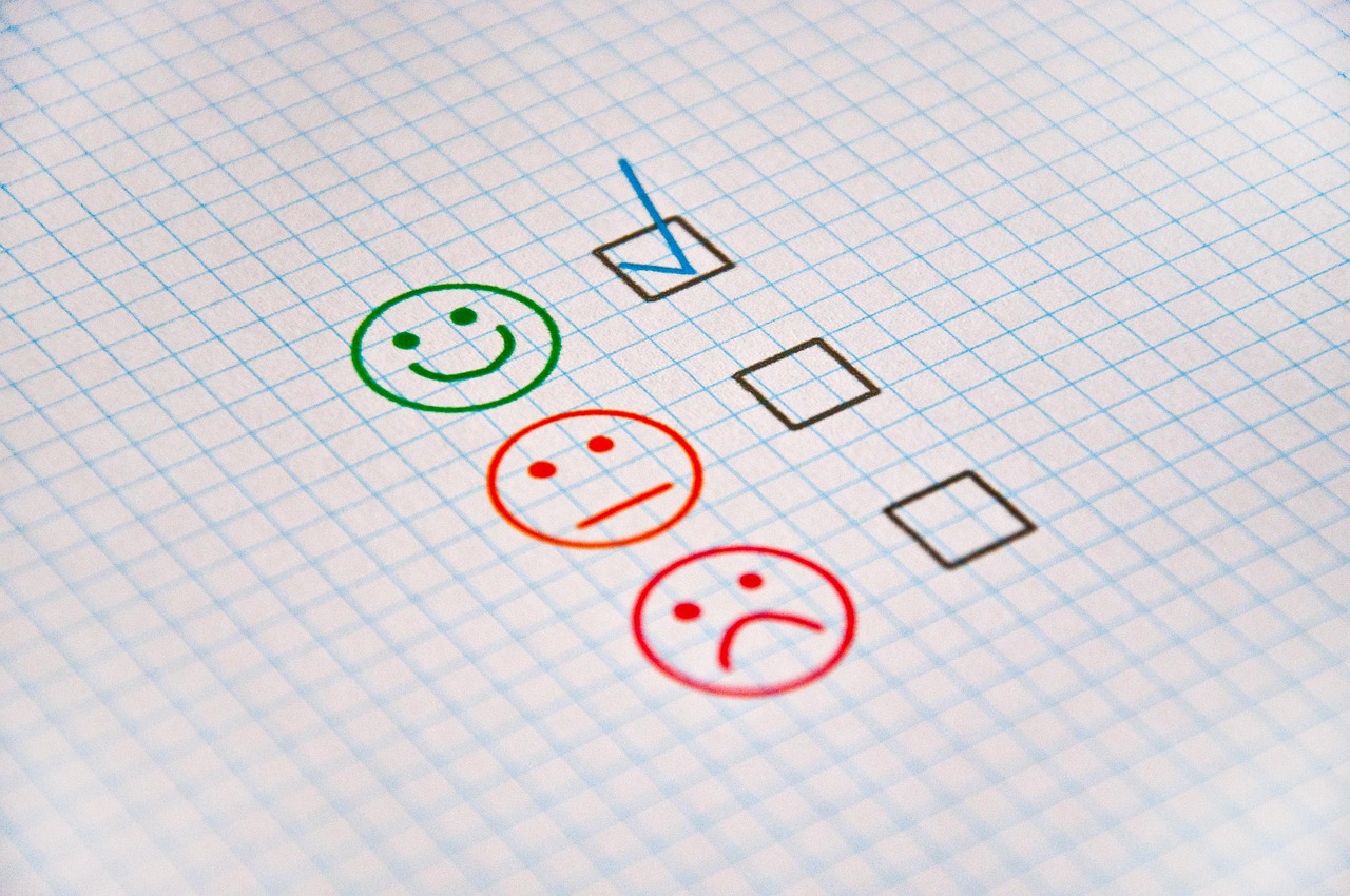 Checklist with smiley faces indicating patient satisfaction, showing green happy face, orange neutral face, and red sad face, on grid paper, symbolizing reputation management for healthcare practices.