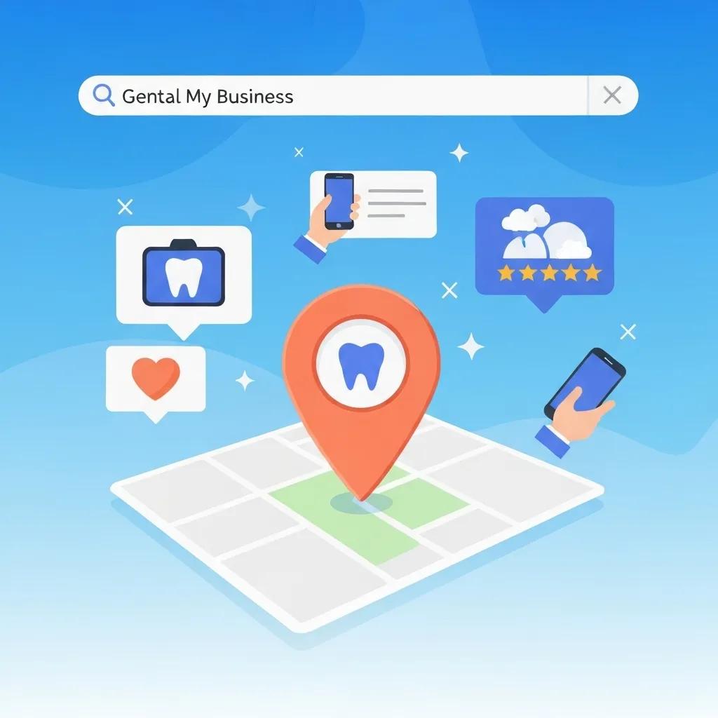 Map illustration highlighting dental practice location with icons of patient search, reviews, and mobile devices, emphasizing Google My Business for enhancing local visibility and patient engagement.