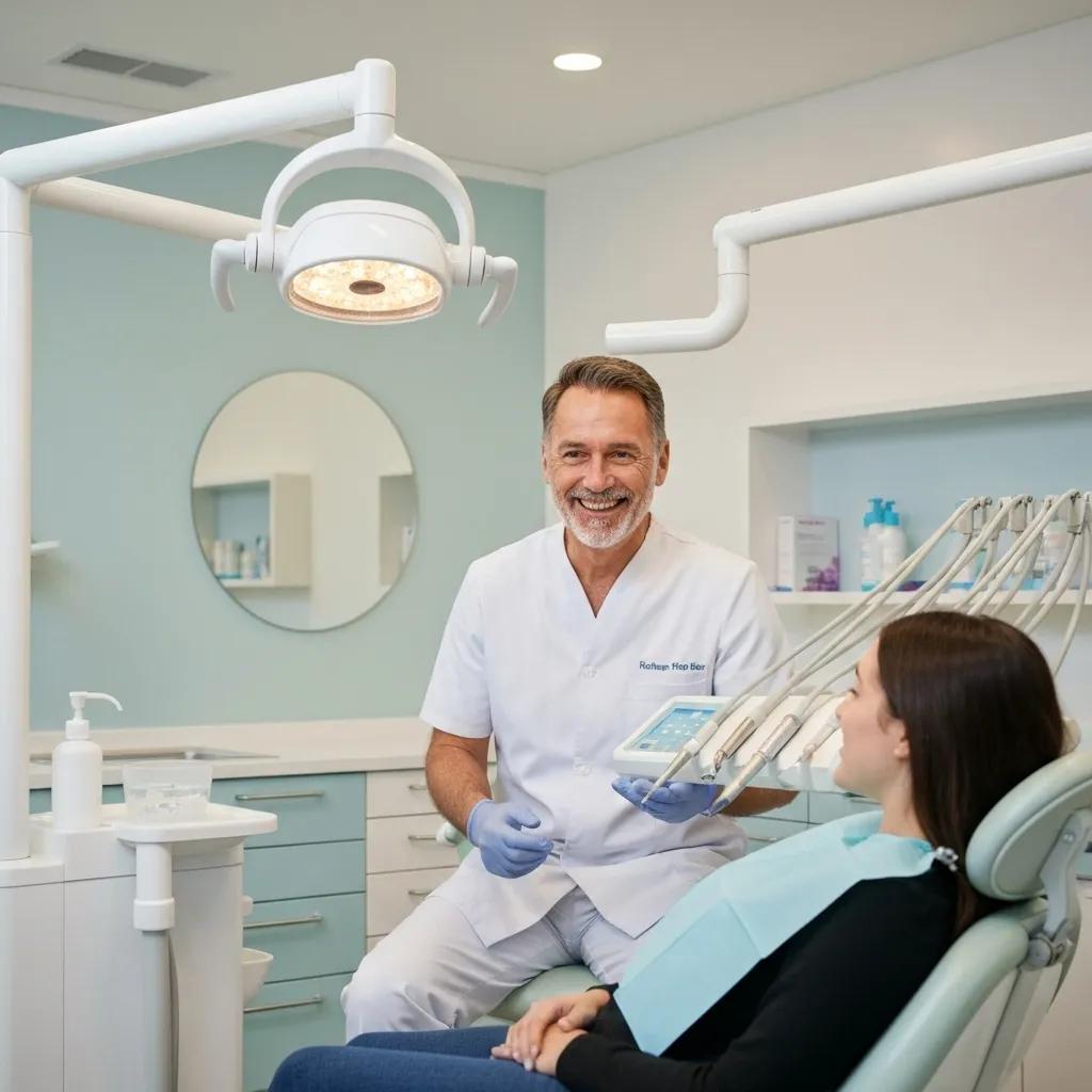 Dentist interacting with a patient in a modern dental clinic, showcasing a friendly atmosphere and advanced dental equipment, relevant to local SEO strategies for dental practices in Australia.