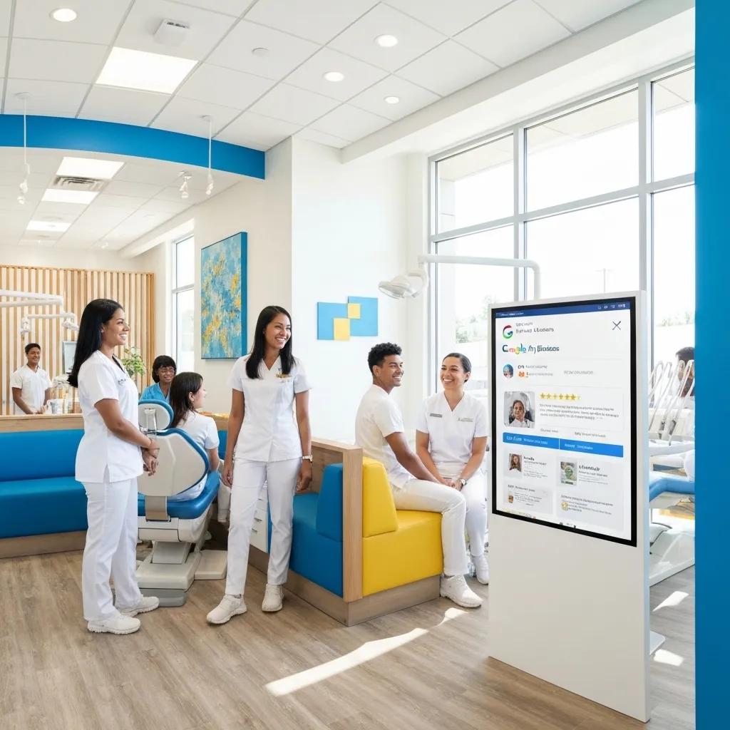 Dental practice reception area with staff in white uniforms, featuring a Google My Business profile display, emphasizing local SEO strategies for attracting new patients.