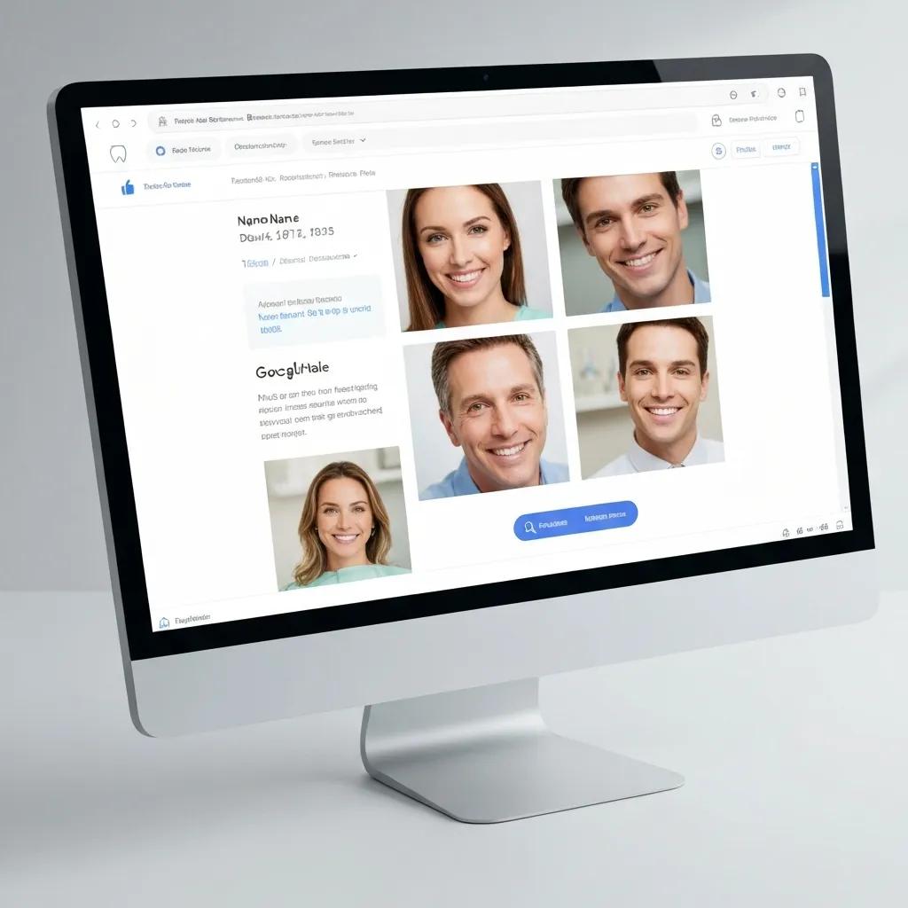 Computer screen displaying a Google Business Profile for a dental practice, featuring smiling dental professionals, showcasing patient engagement and local SEO optimization.