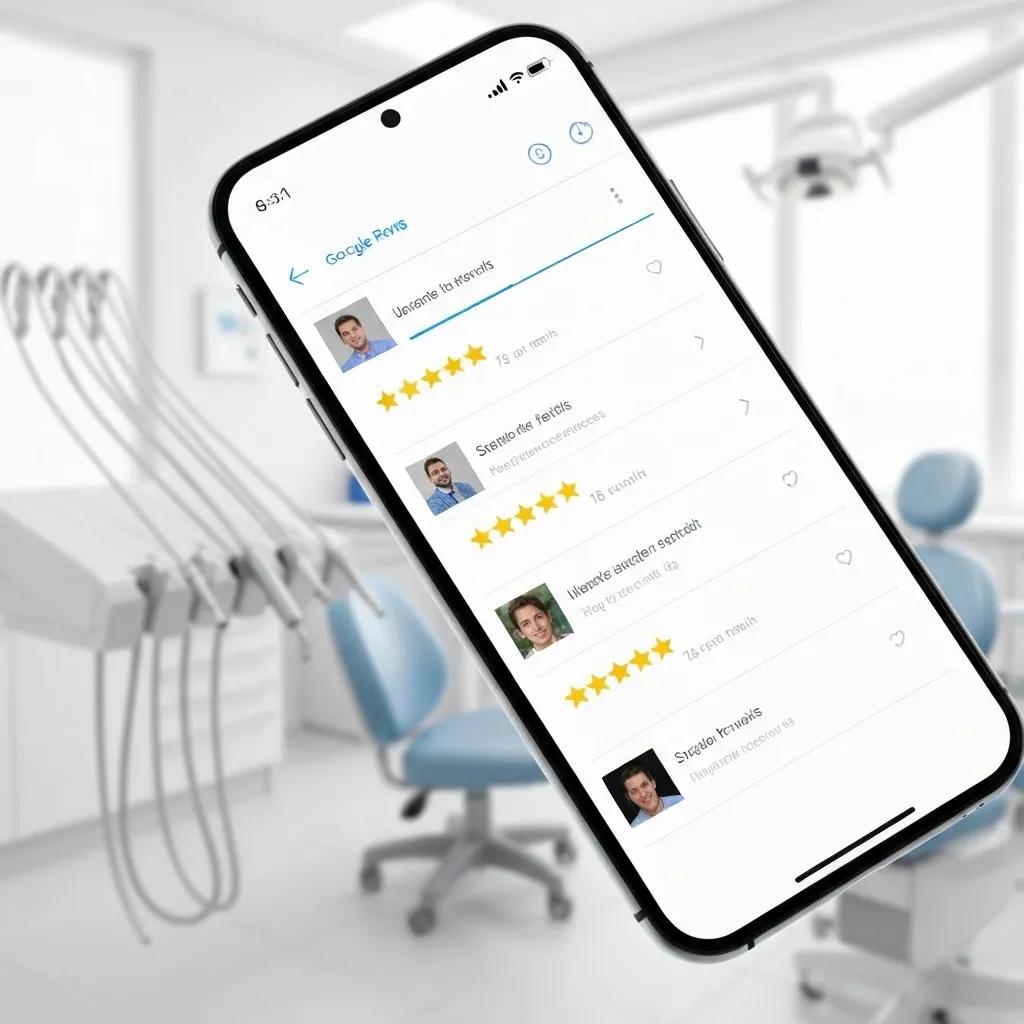 Smartphone displaying positive Google reviews for a dental practice, featuring star ratings and patient feedback, with a dental clinic background.