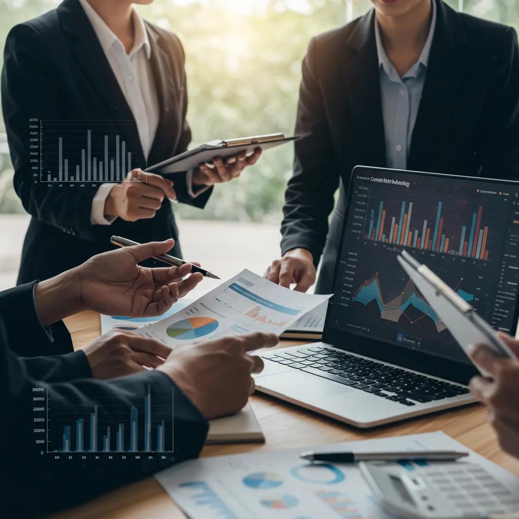 Business team discussing content marketing strategies with charts and graphs in a modern office