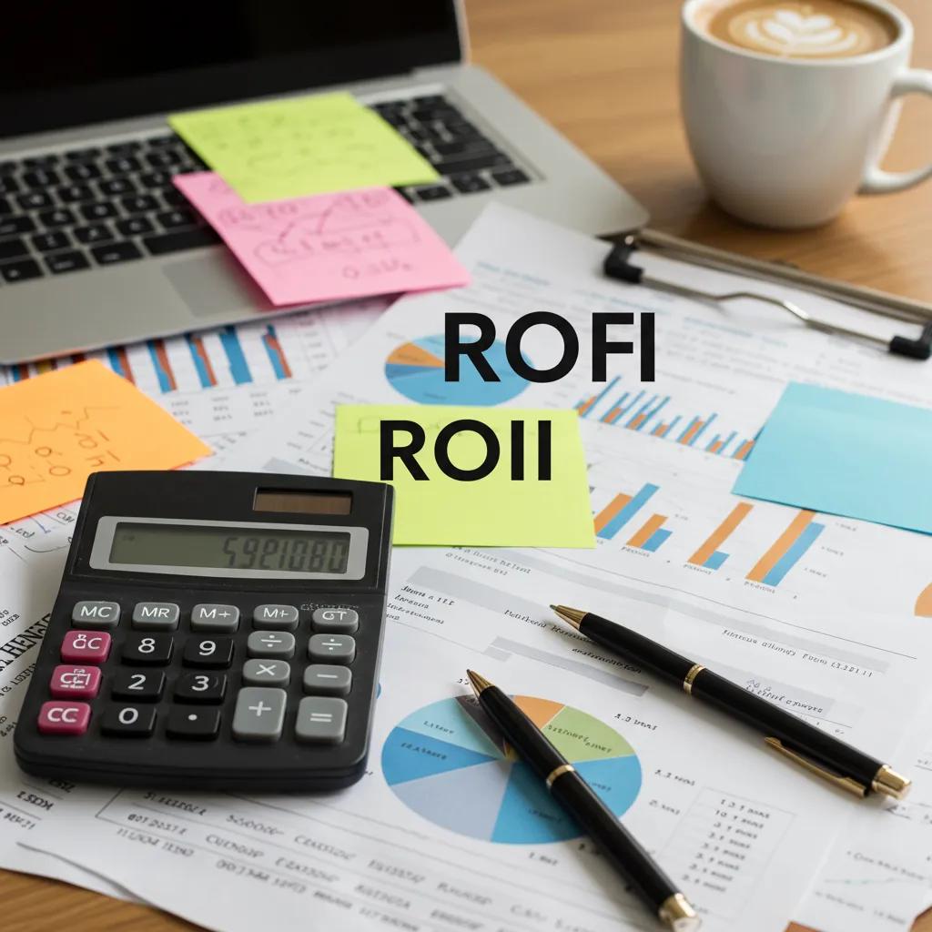 Calculator on financial documents with ROI metrics, graphs, and sticky notes, representing content marketing ROI analysis for healthcare practices.