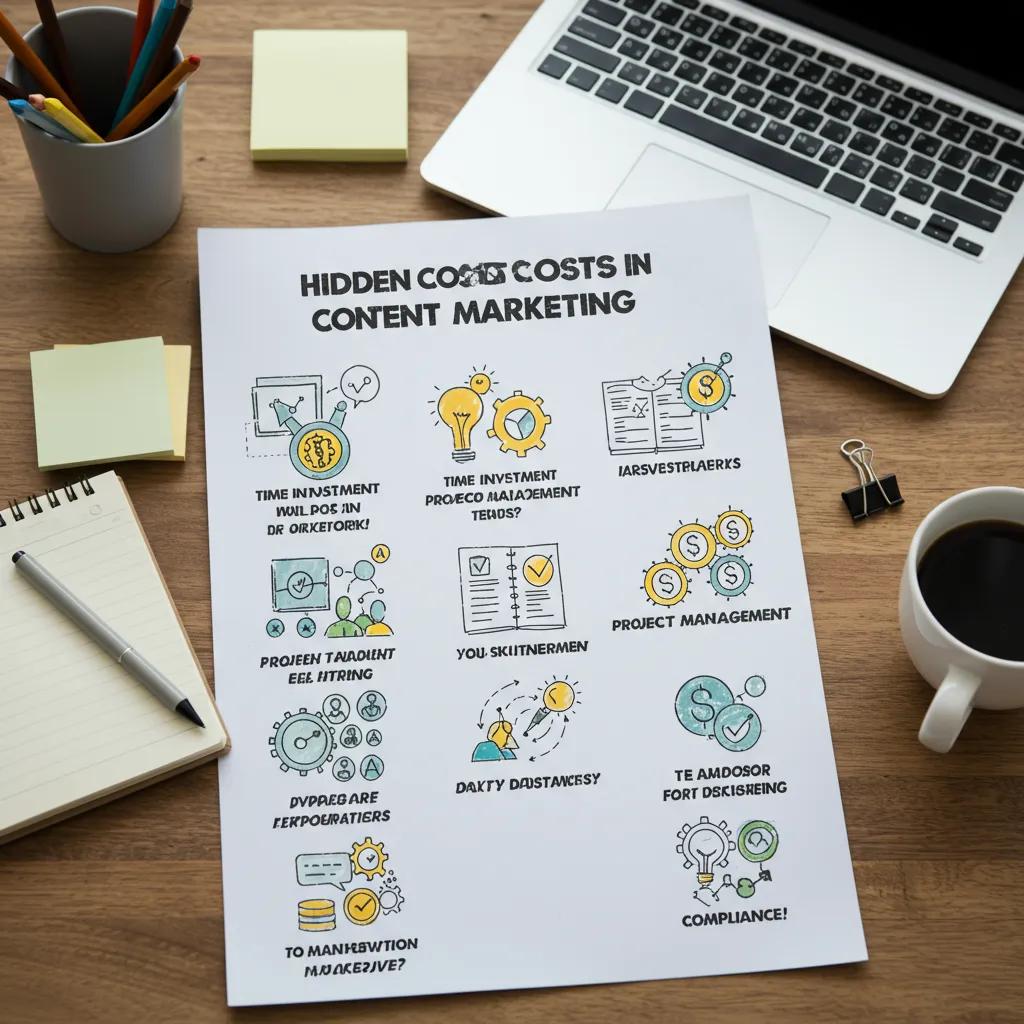 Checklist of hidden costs in content marketing with a workspace background