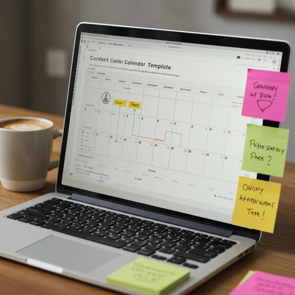 Close-up of a laptop displaying a content calendar template, surrounded by sticky notes and a coffee cup, illustrating effective content planning for healthcare marketing.