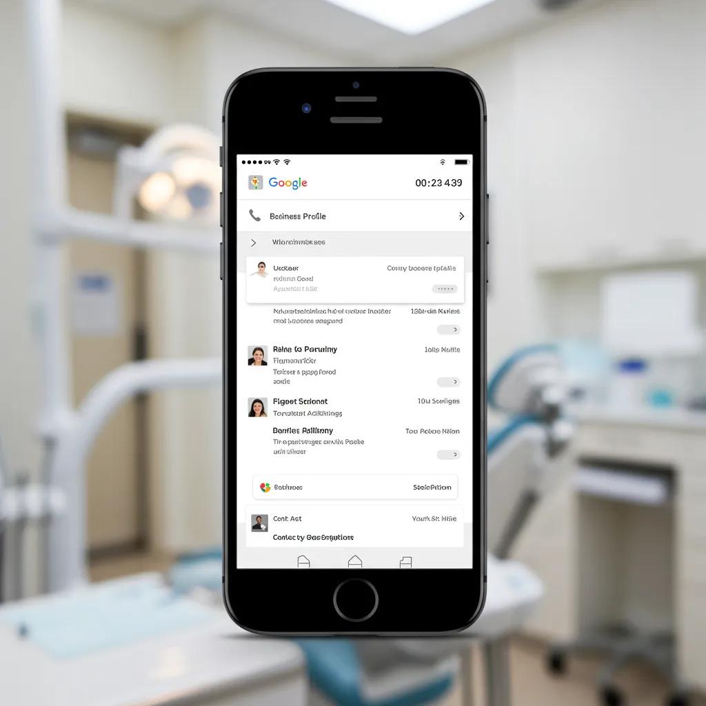 Close-up of Google Business Profile on smartphone with dental clinic background