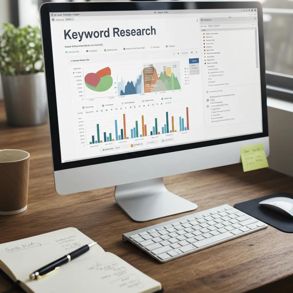 Close-up of keyword research tools on a computer screen in a cozy office setting