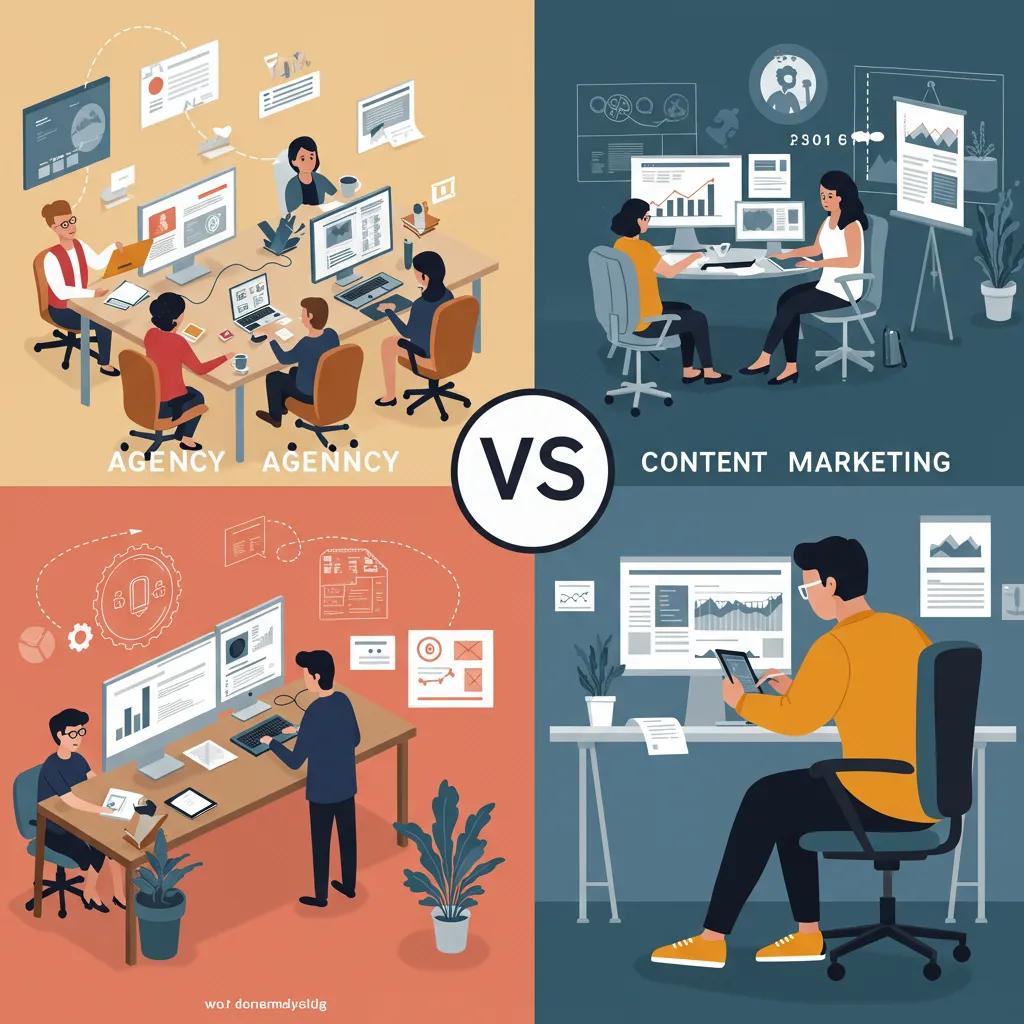 Comparison of agency and freelancer workspaces in content marketing