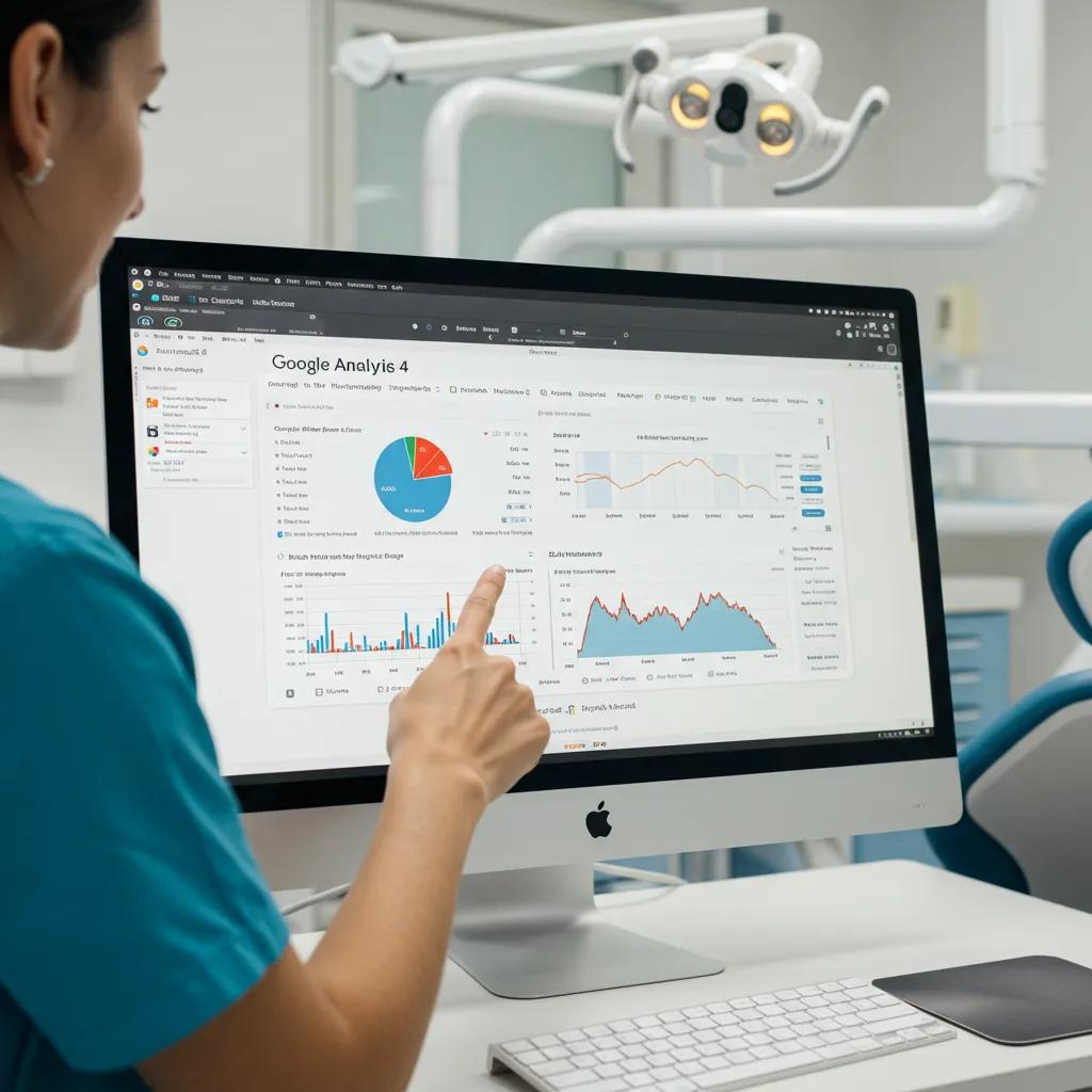 Computer screen showing Google Analytics 4 and Search Console dashboards in a dental office setting
