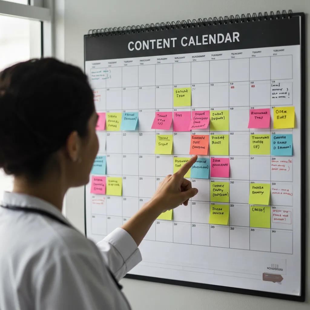 Proven Strategies to Ensure Consistent Content Quality and Regular Publishing Frequency Healthcare professional pointing at a content calendar with sticky notes, illustrating planning and scheduling for effective content management in a clinical setting.