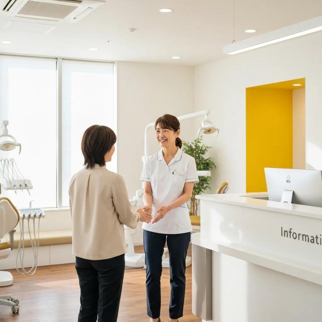 Dental clinic reception area with staff welcoming a patient, showcasing a professional and inviting atmosphere