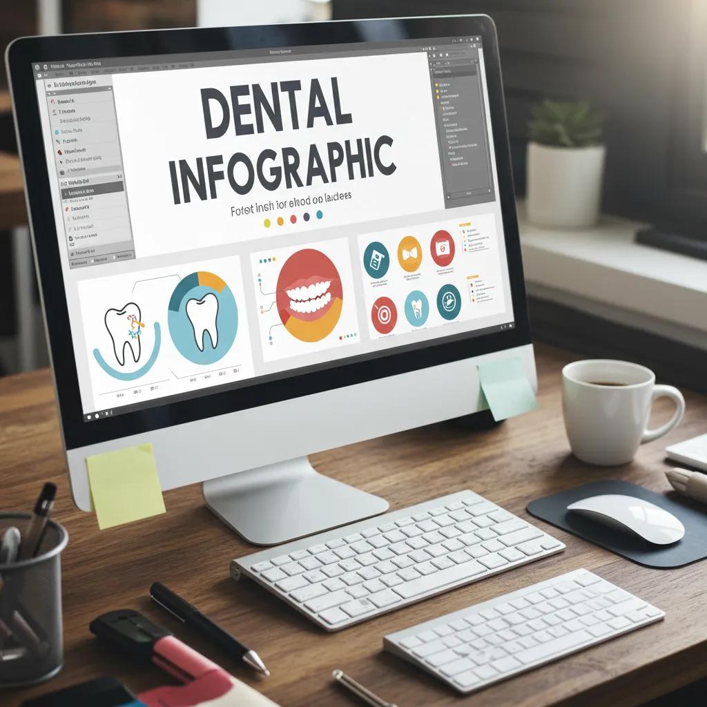 Transforming Old Content: 10 Strategies for Maximum Reach Dental infographic design displayed on a computer screen, featuring dental icons, statistics, and visual elements to simplify complex information for patient education and engagement.
