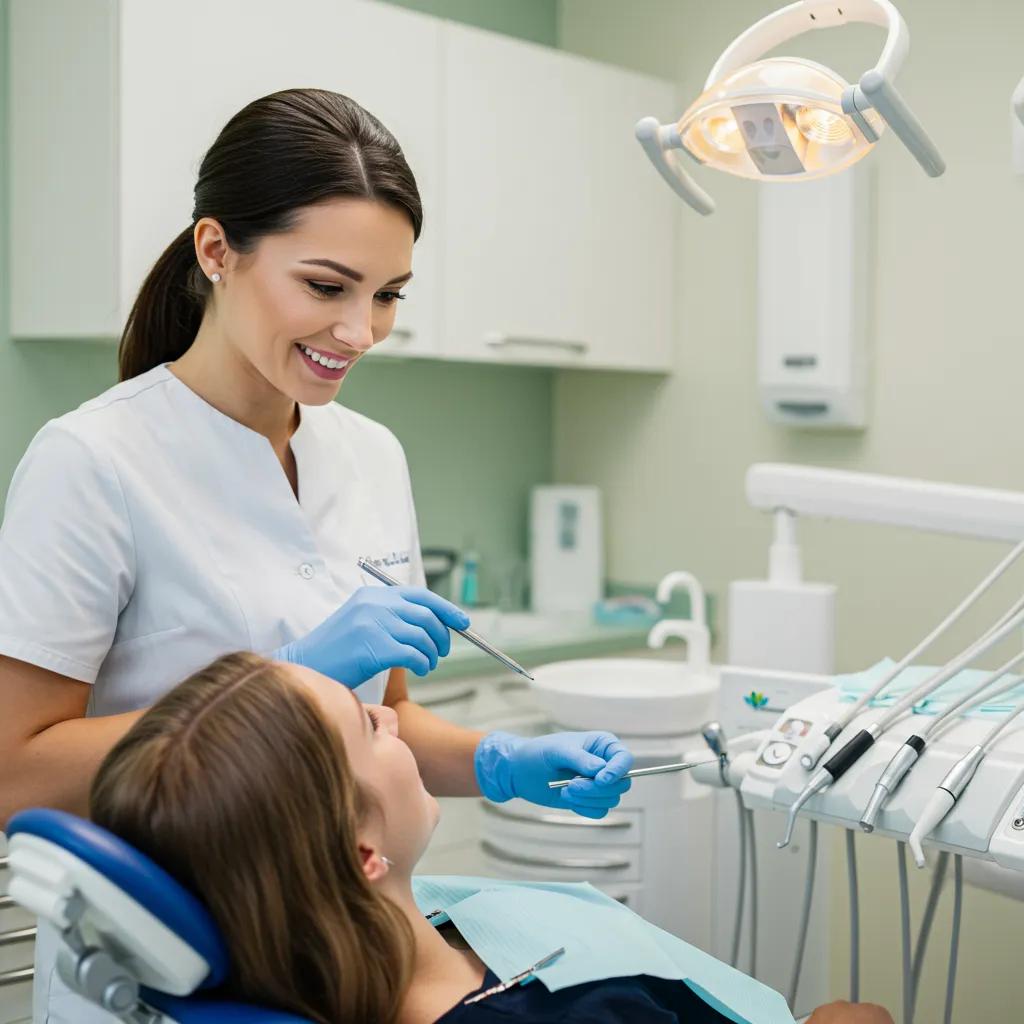 Dentist in white coat and blue gloves smiling while examining a patient in a dental chair, highlighting professionalism and trust in healthcare marketing.
