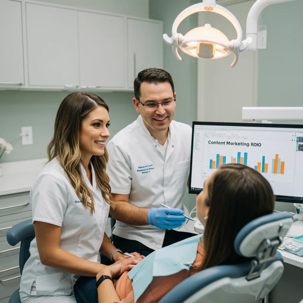 Dental practice environment with dentist and patient interaction, highlighting content marketing ROI