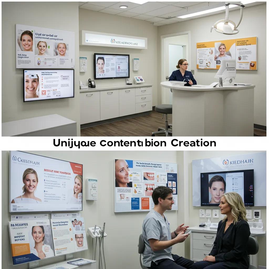Dental practice interior showcasing dentist and patient interaction, featuring digital displays with patient testimonials and treatment information, emphasizing unique content creation for enhanced patient engagement.