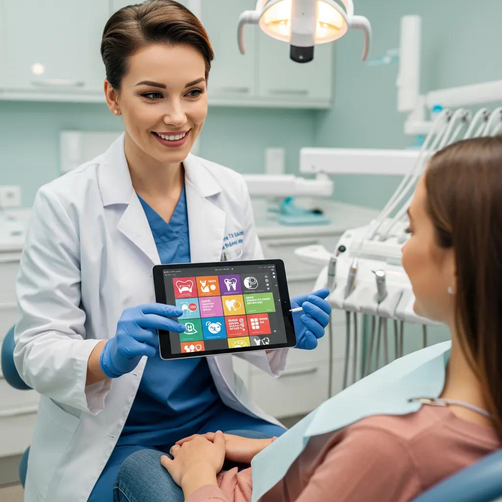 Dental practice scene with a dentist and patient discussing engaging visual content for healthcare