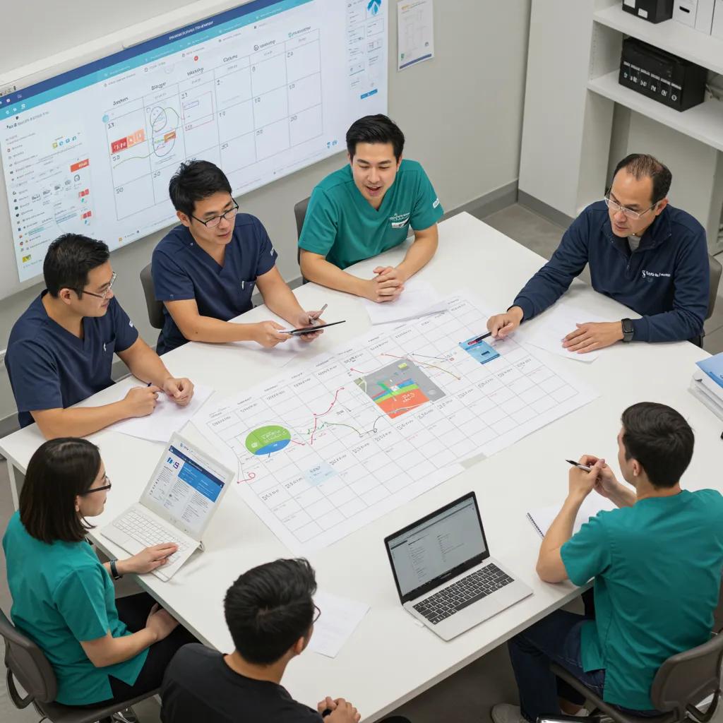 Dental practice team collaborating on a content calendar for effective scheduling and marketing