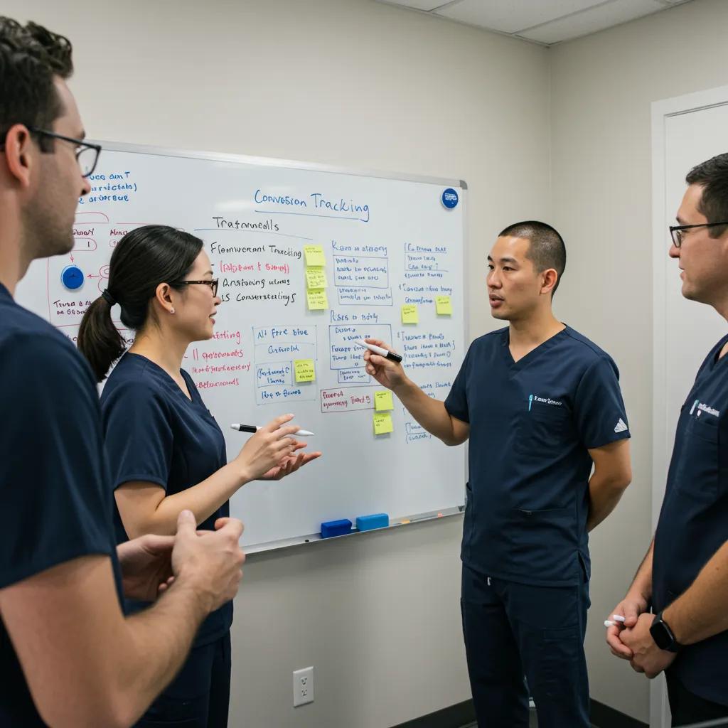 How to Measure Visual Content Performance Effectively Dental practice team discussing conversion tracking strategies in a collaborative setting