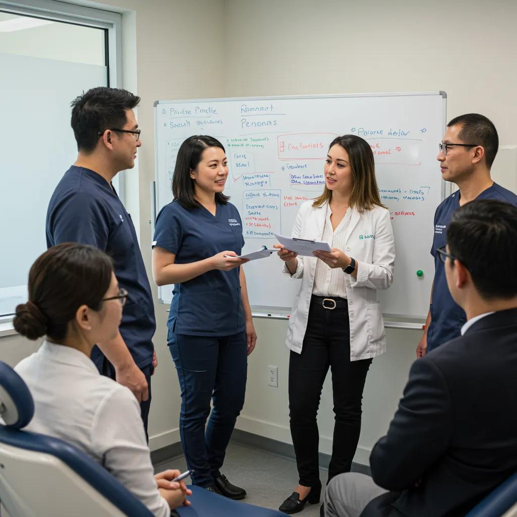Dental practice team discussing patient personas with charts in a bright office