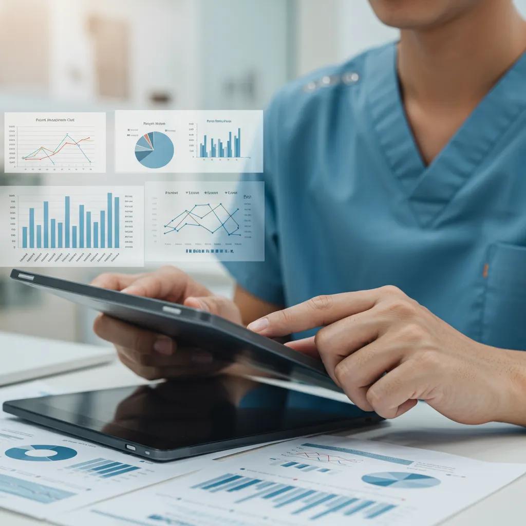 Dental professional analyzing patient data on a tablet, emphasizing patient acquisition cost and lifetime value