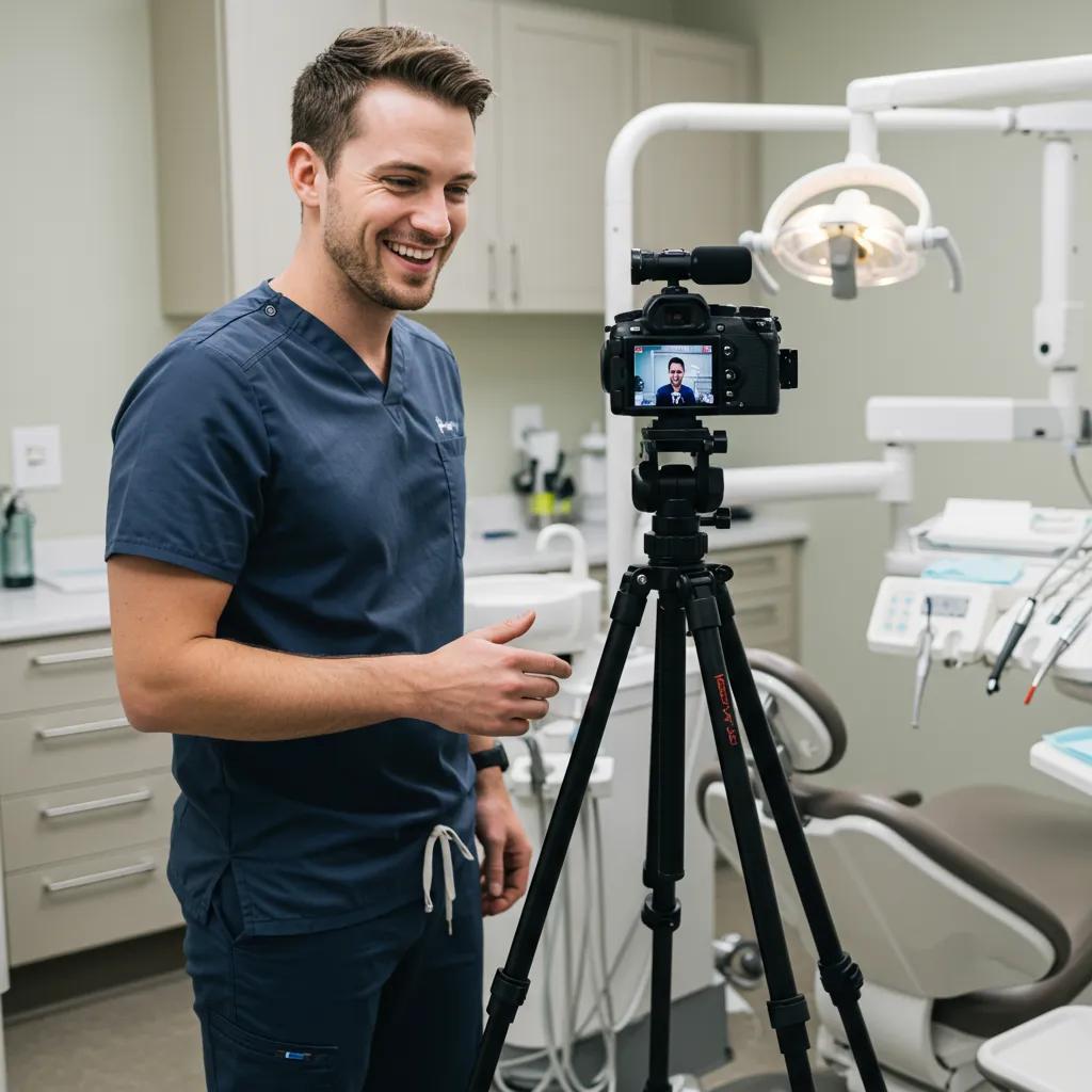 Dental professional filming a short-form video in a dental office