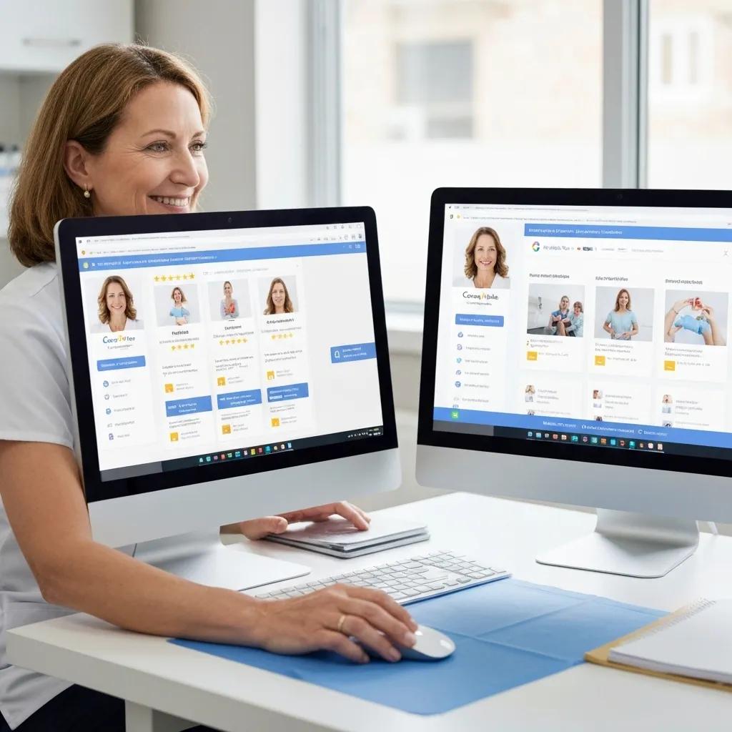 A dental professional fine-tuning a Google Business Profile on a computer, demonstrating effective local SEO tactics