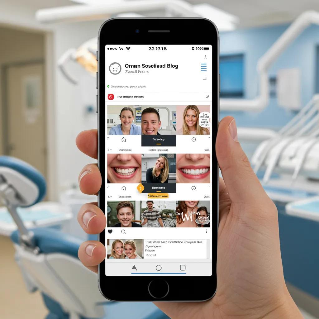 Transforming Old Content: 10 Strategies for Maximum Reach Hand holding smartphone displaying a dental blog interface with smiling patient images, showcasing social media content for dental practices in a dental clinic setting.