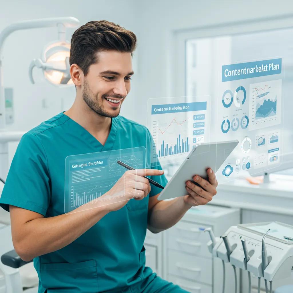 Dentist reviewing a content marketing plan with a digital tablet in a dental clinic