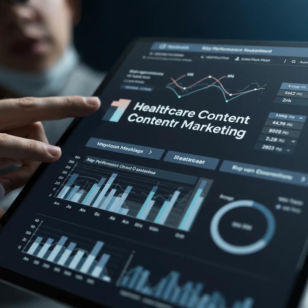 Digital dashboard displaying key performance indicators for healthcare content marketing, featuring graphs, metrics, and the title "Healthcare Content Marketing."