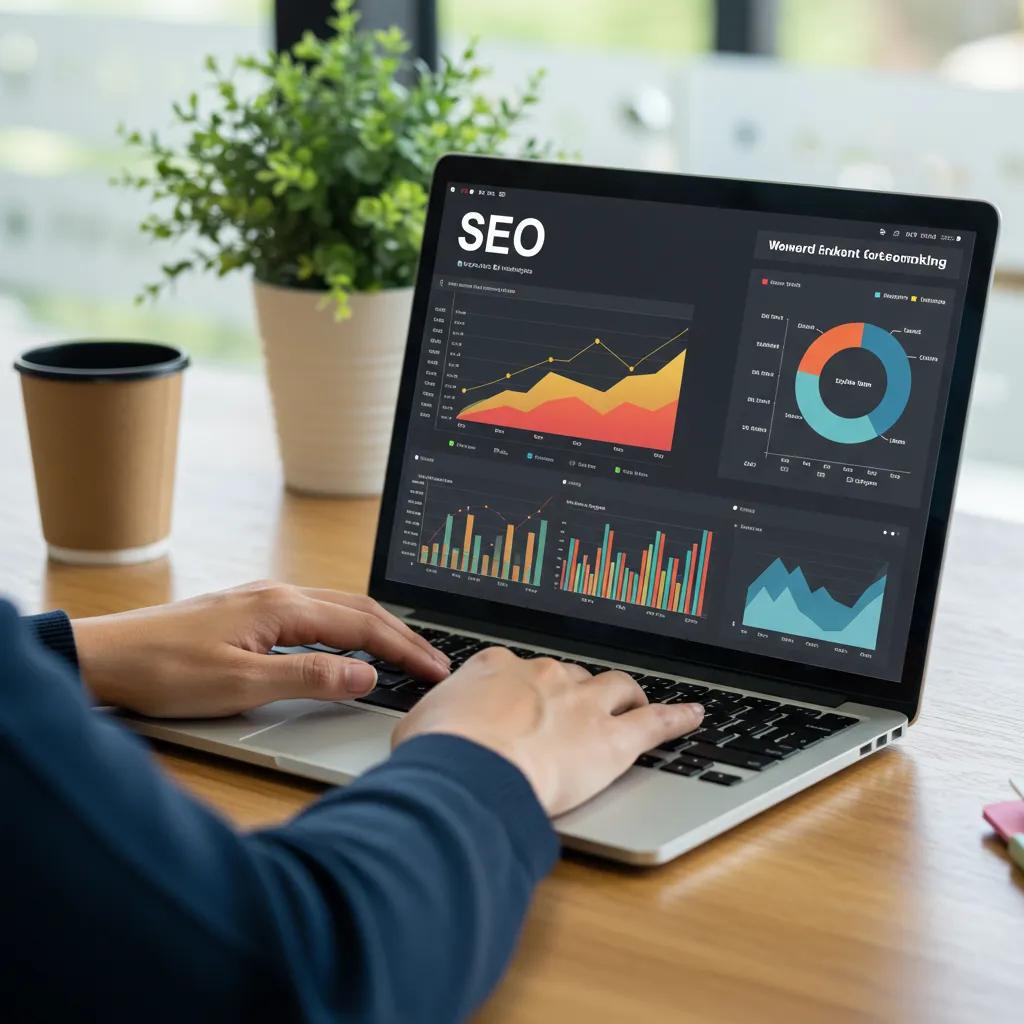 Person analyzing SEO metrics on a laptop in a modern workspace, featuring graphs and charts related to website performance and engagement, with a coffee cup and plant in the background.
