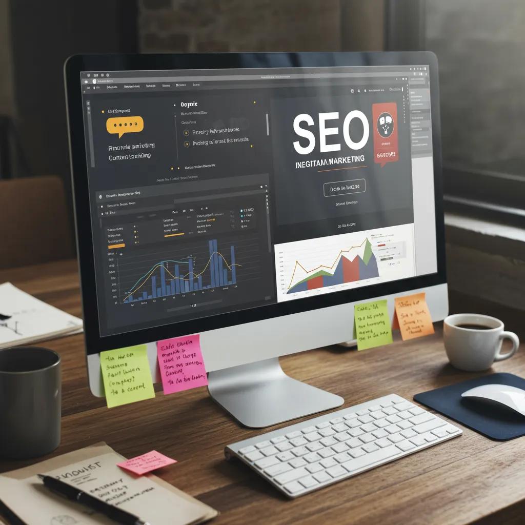 Integrating SEO With Content Marketing: The Key to Success Over Standalone Efforts Digital marketing workspace showcasing SEO tools and analytics for content strategy integration