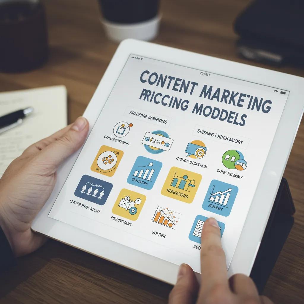 Digital tablet displaying content marketing pricing models on a desk