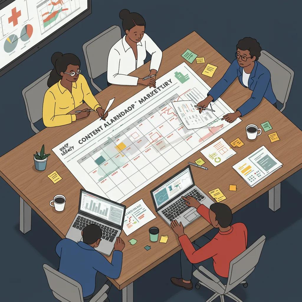 Diverse healthcare marketing team collaborating on a content calendar, discussing strategies and reviewing analytics, with laptops, notes, and a large calendar on the table.