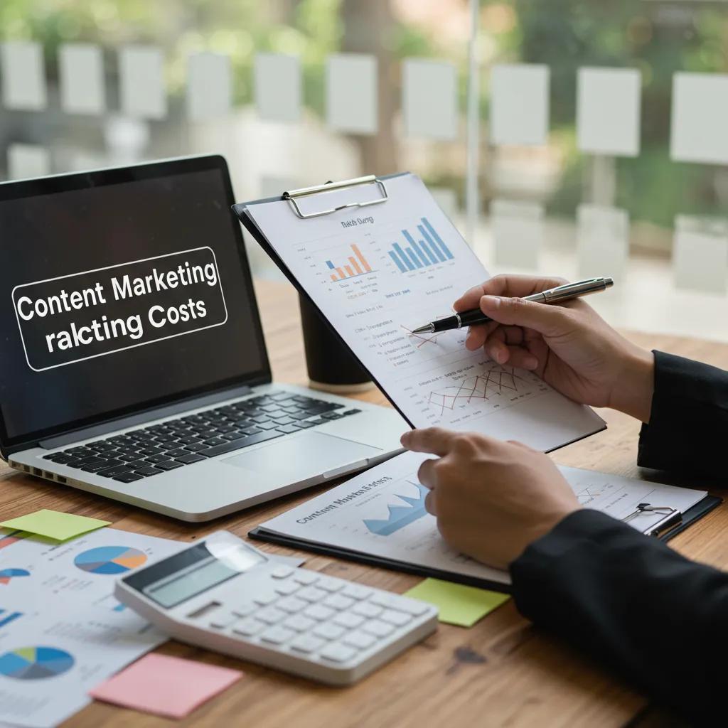 Financial analyst reviewing content marketing budget reports for healthcare practices, with laptop displaying "Content Marketing Costs," documents featuring graphs and charts, calculator, and sticky notes on a desk.