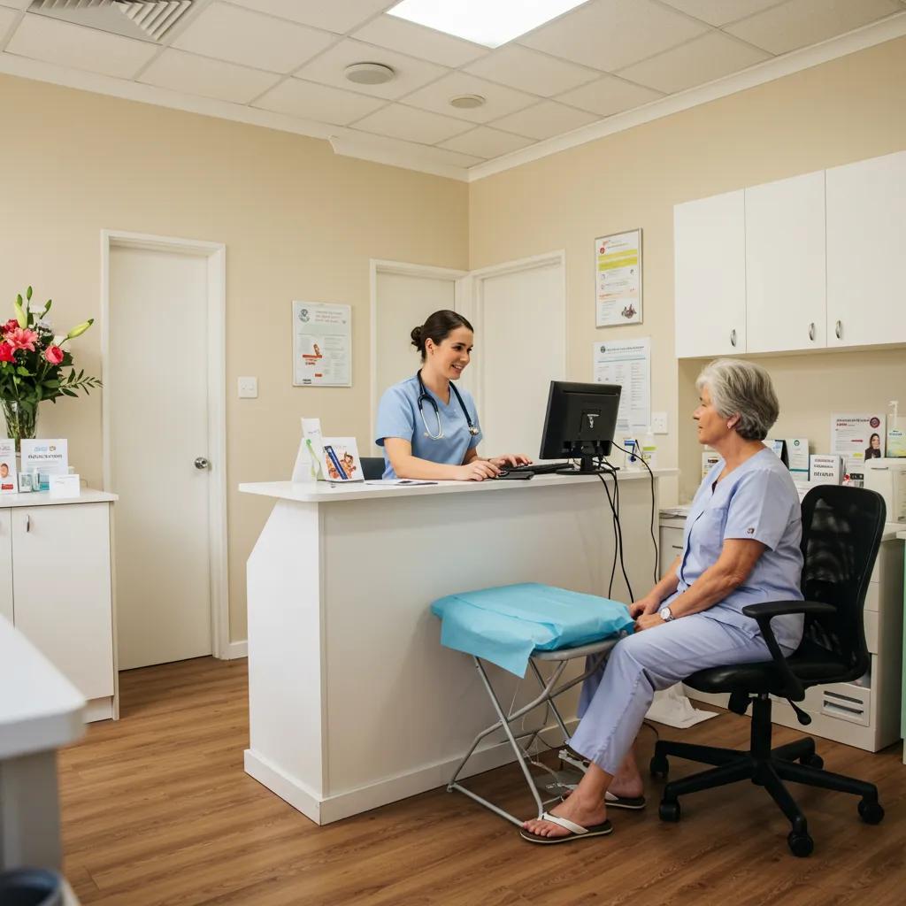 Friendly healthcare professional engaging with a patient in a modern Australian medical practice