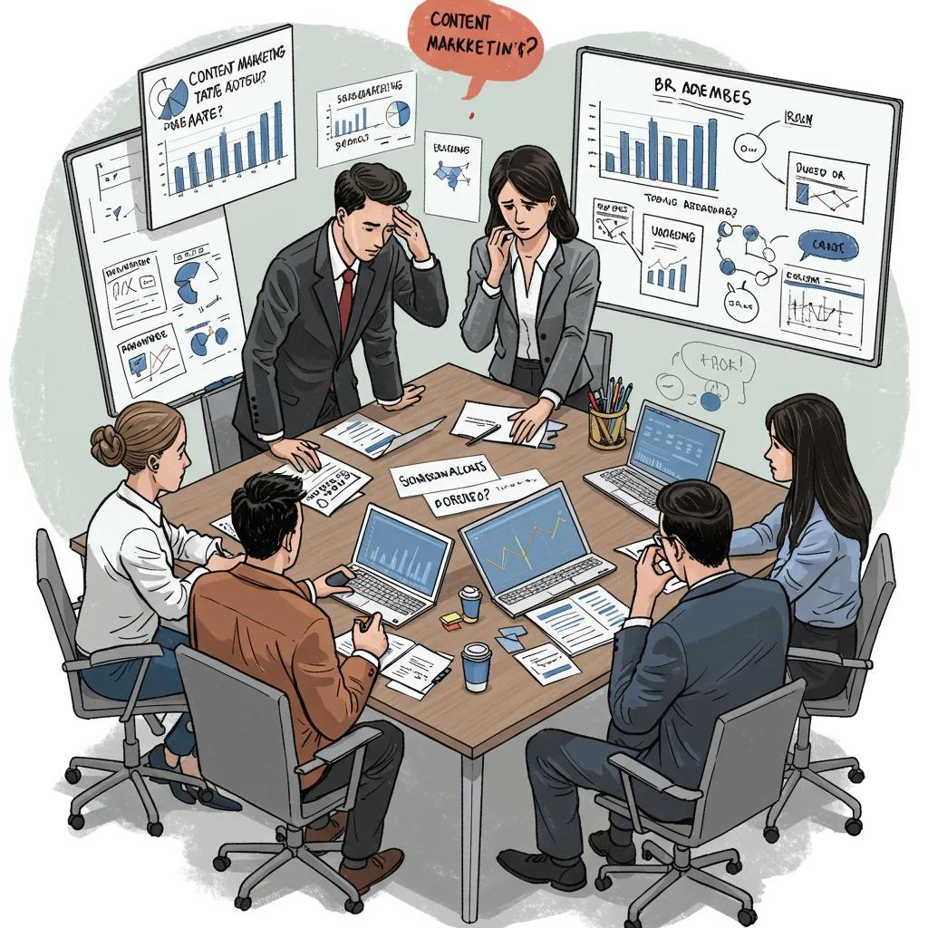 Frustrated marketing team discussing content marketing strategies in a meeting room, analyzing graphs and data on laptops and documents.