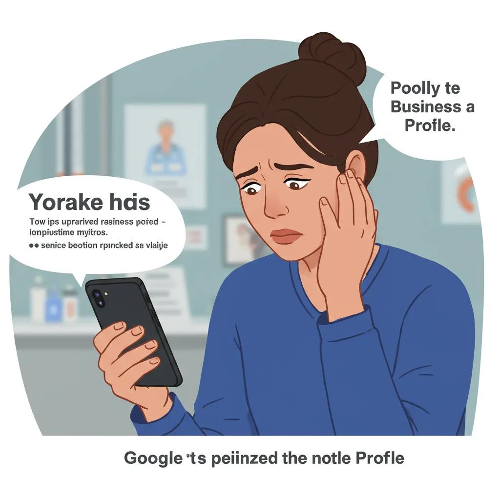 Frustrated patient viewing poor Google Business Profile on smartphone in healthcare setting