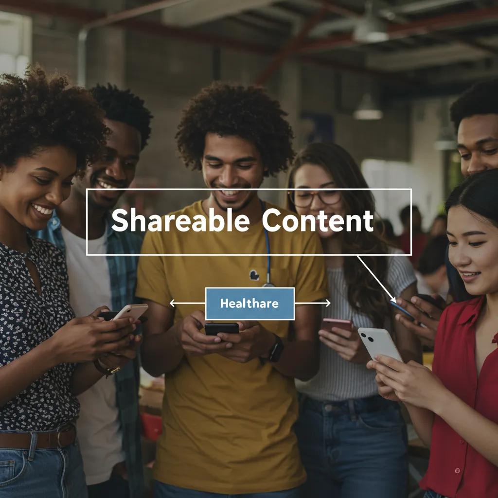 Group of diverse individuals sharing healthcare content on mobile devices, emphasizing community engagement