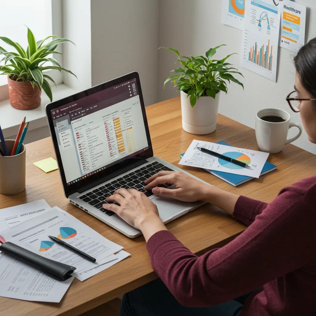 Healthcare marketer optimizing content for SEO in a modern workspace