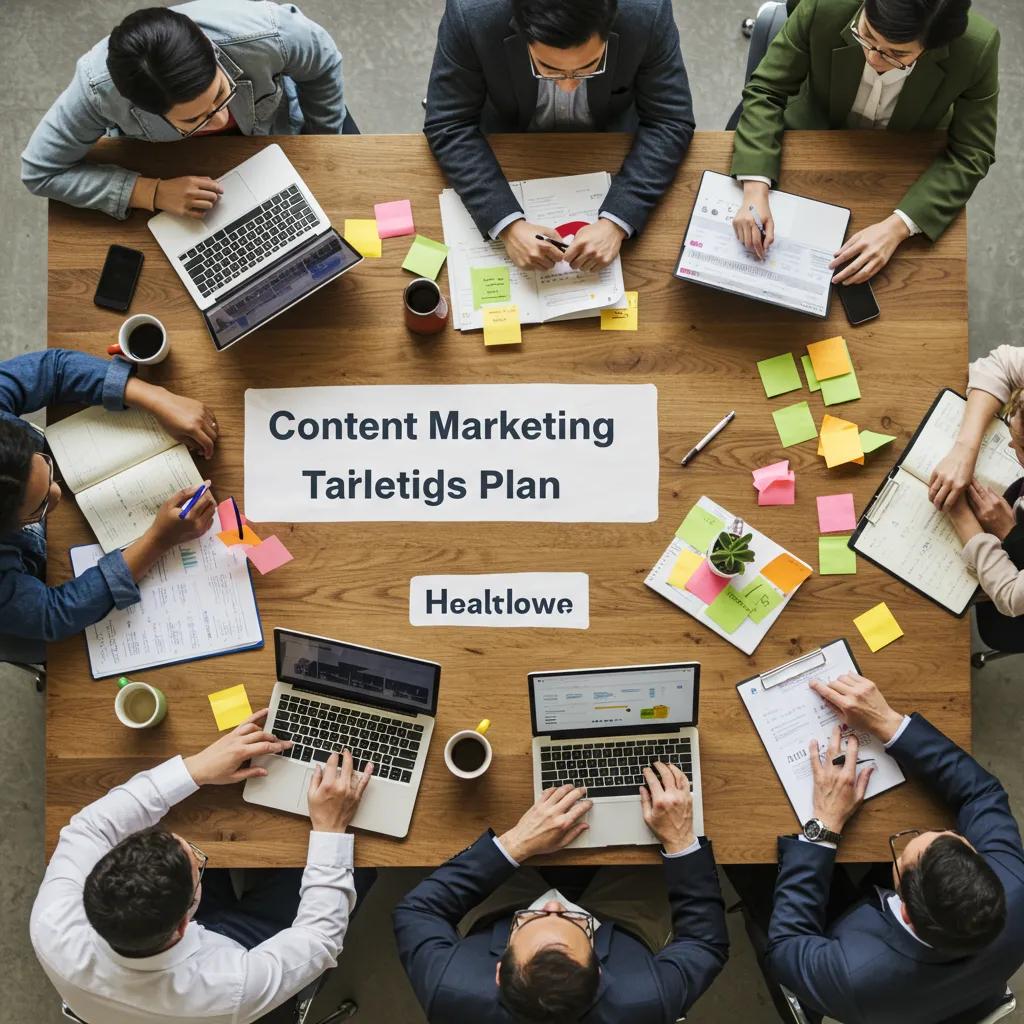Healthcare marketers collaborating on a content marketing plan, laptops and marketing materials on a table, focus on strategy and patient acquisition.