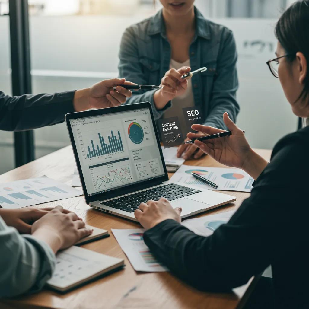 Healthcare marketers collaborating on SEO and content analysis tools