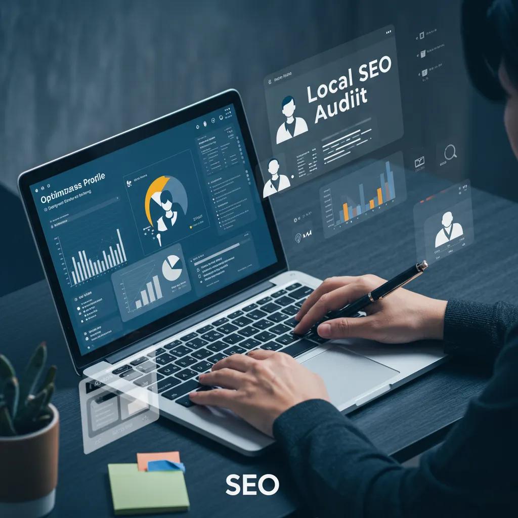 Healthcare marketing expert performing local SEO audit on laptop in professional office